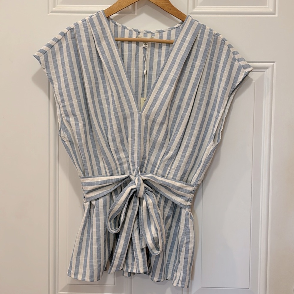 Max Studio Striped Blue/White Cotton Cap Sleeves Waist-Tie Top in Size XL